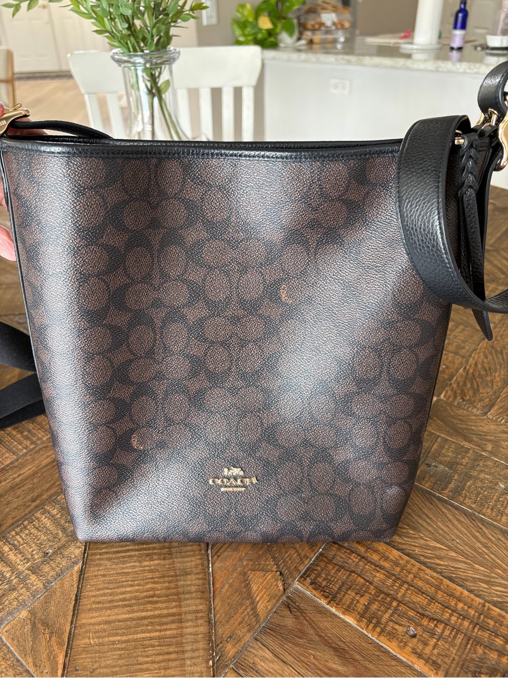 Coach Brown and Black Signature Crossbody Bucket Bag